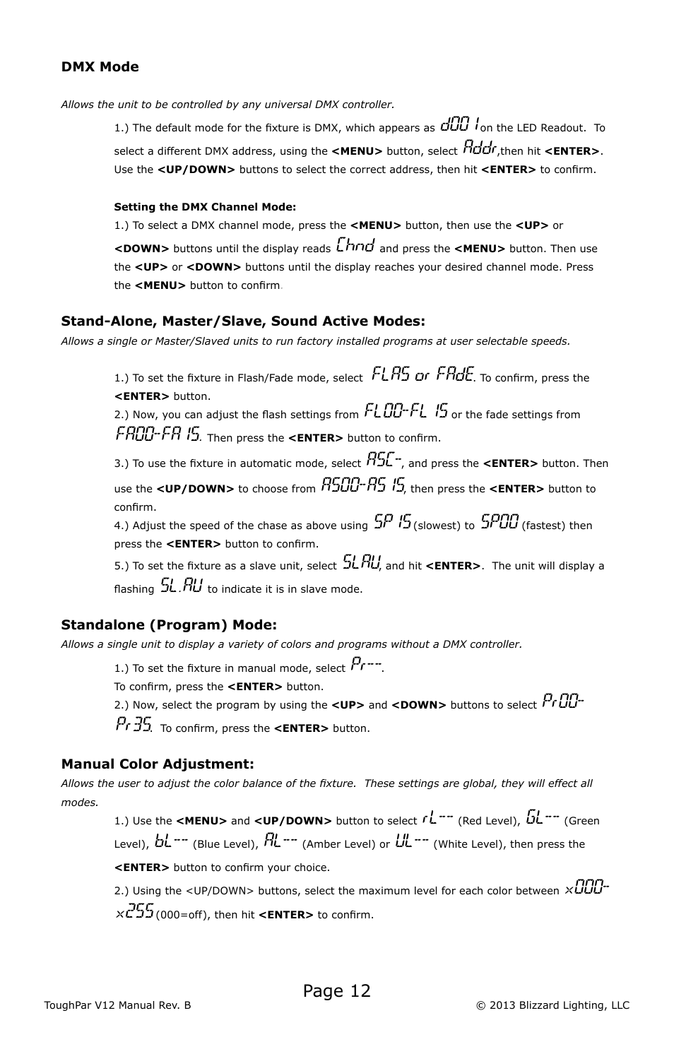 Page 12, D001, Addr | Chnd, Flas or fade, Fl00-fl15, Fa00-fa15, As00-as15, Sp15, Sp00 | Blizzard Lighting V12 ToughPar (Rev A) User Manual | Page 12 / 20