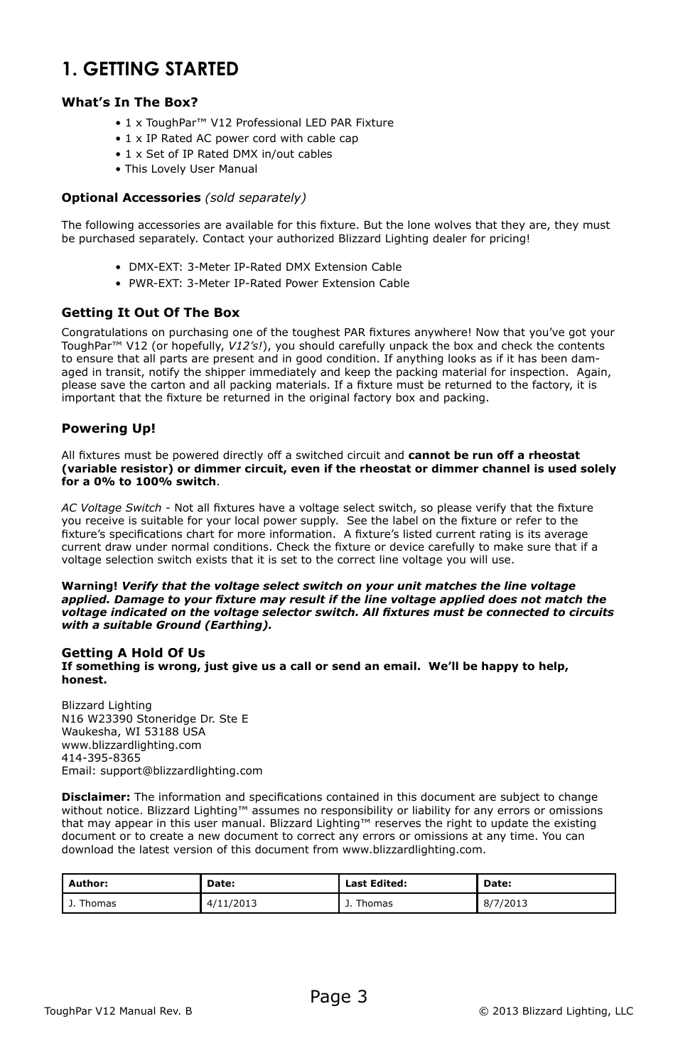Getting started, Page 3 | Blizzard Lighting V12 ToughPar (Rev A) User Manual | Page 3 / 20