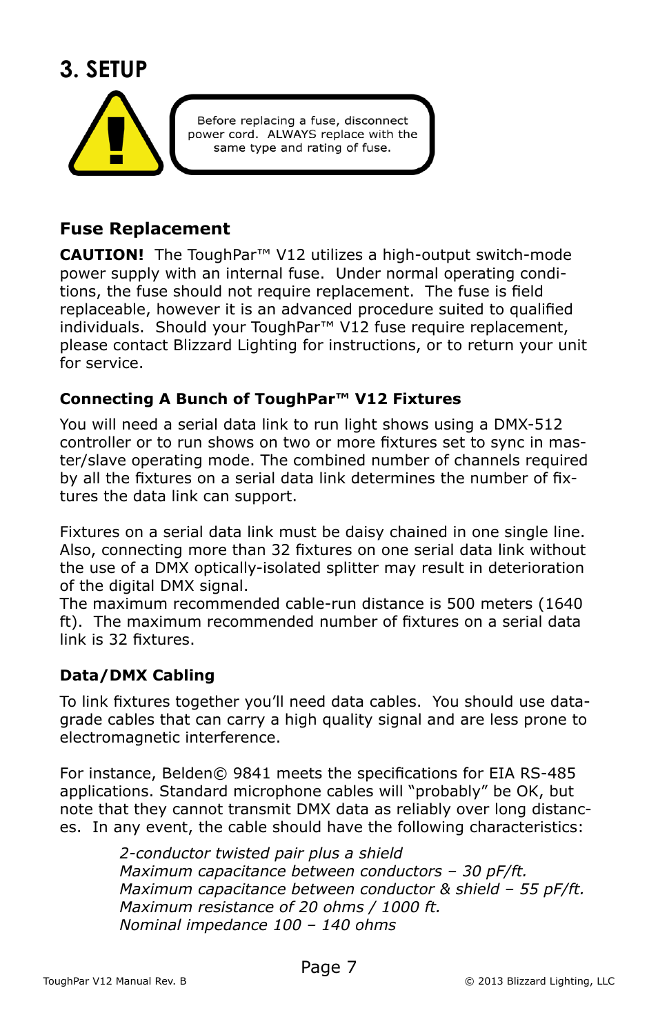 Setup, Page 7, Fuse replacement | Blizzard Lighting V12 ToughPar (Rev A) User Manual | Page 7 / 20