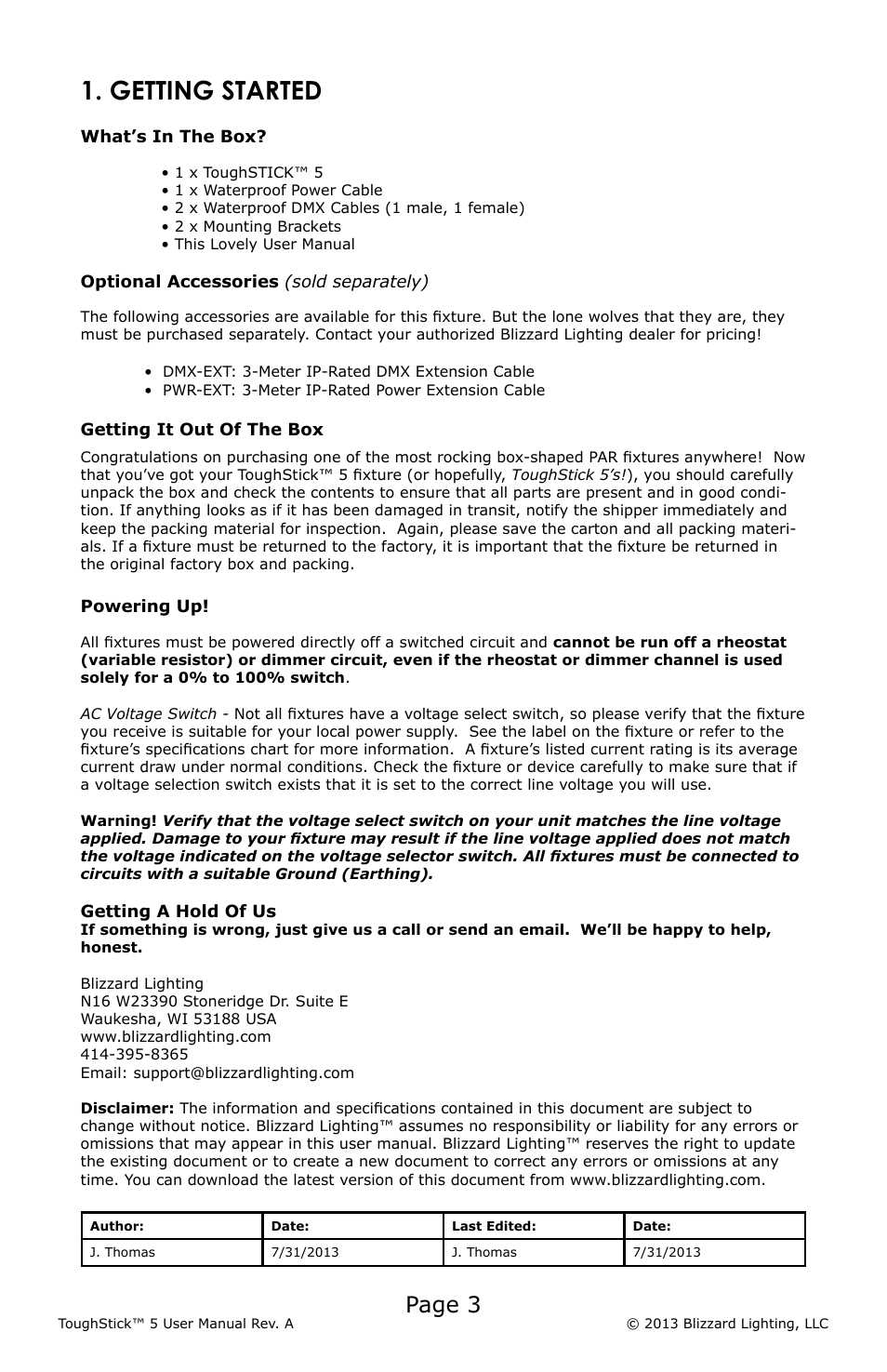 Getting started, Page 3 | Blizzard Lighting 5 ToughStick (Rev A) User Manual | Page 3 / 20