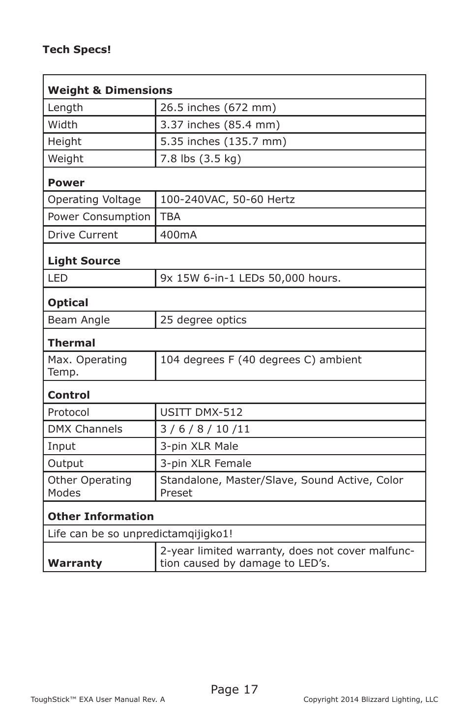 Page 17 | Blizzard Lighting EXA ToughStick User Manual | Page 17 / 20