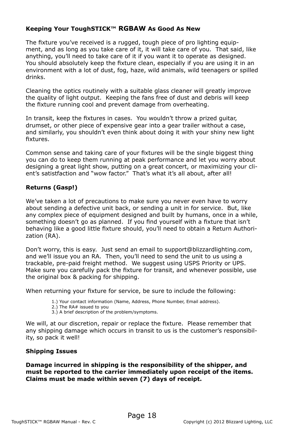 Page 18 | Blizzard Lighting RGBAW ToughStick (Rev C) User Manual | Page 18 / 20