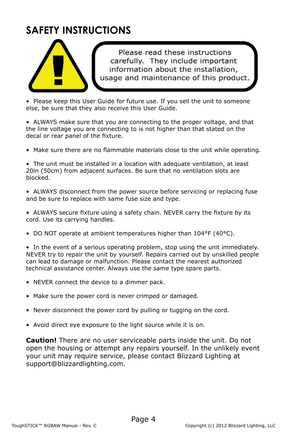 Safety instructions, Page 4 | Blizzard Lighting RGBAW ToughStick (Rev C) User Manual | Page 4 / 20