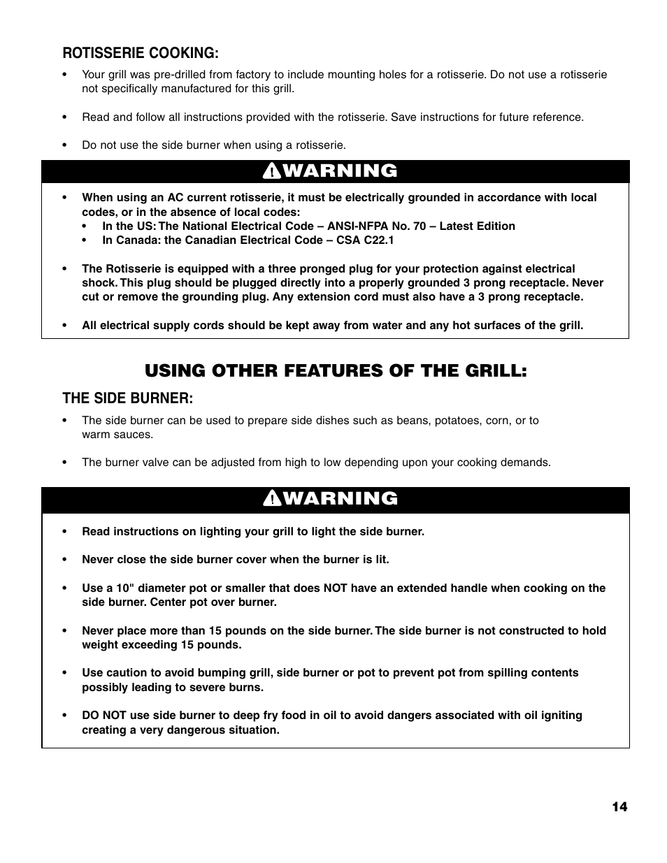 Warning, Using other features of the grill, Rotisserie cooking | The side burner | Brinkmann 7741 Series User Manual | Page 15 / 56
