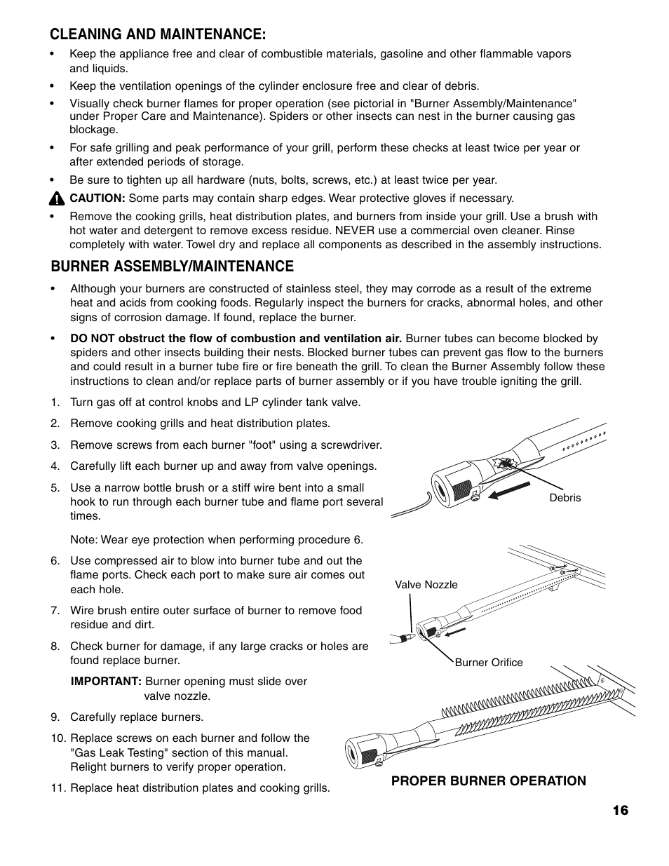 Burner assembly/maintenance, Cleaning and maintenance | Brinkmann 7741 Series User Manual | Page 17 / 56