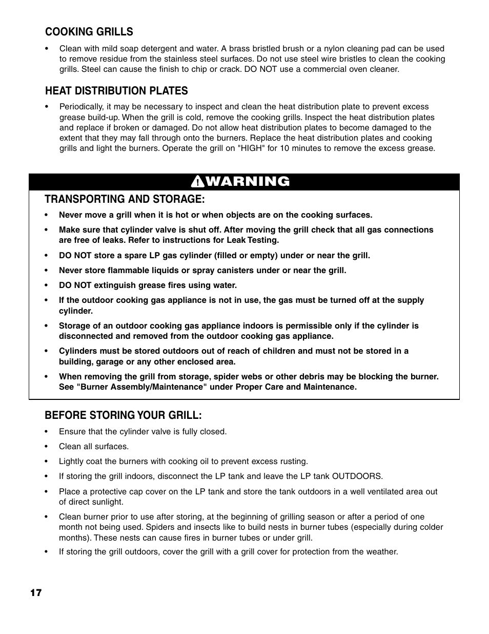 Warning, Cooking grills, Heat distribution plates | Transporting and storage, Before storing your grill | Brinkmann 7741 Series User Manual | Page 18 / 56