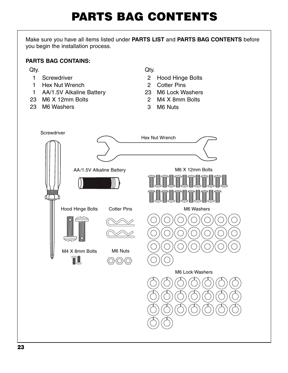 Parts bag contents | Brinkmann 7741 Series User Manual | Page 24 / 56