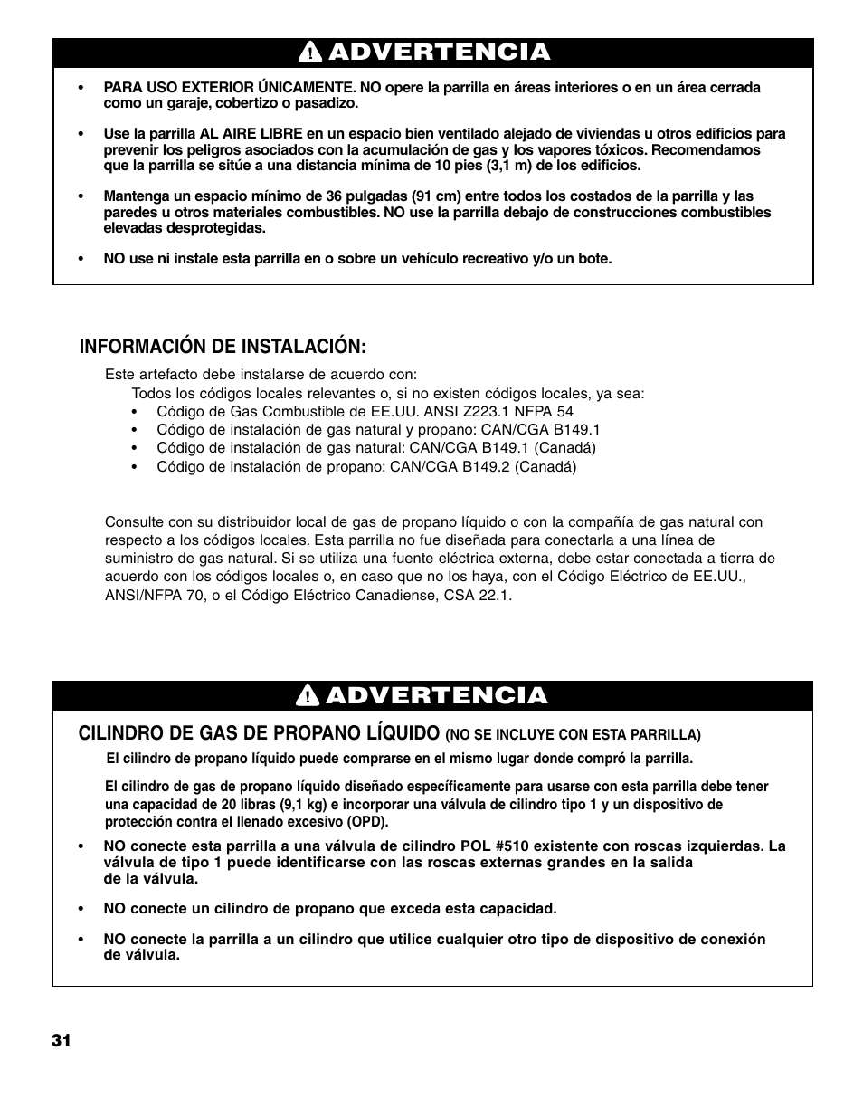 Advertencia, Cilindro de gas de propano líquido, Información de instalación | Brinkmann 7741 Series User Manual | Page 32 / 56