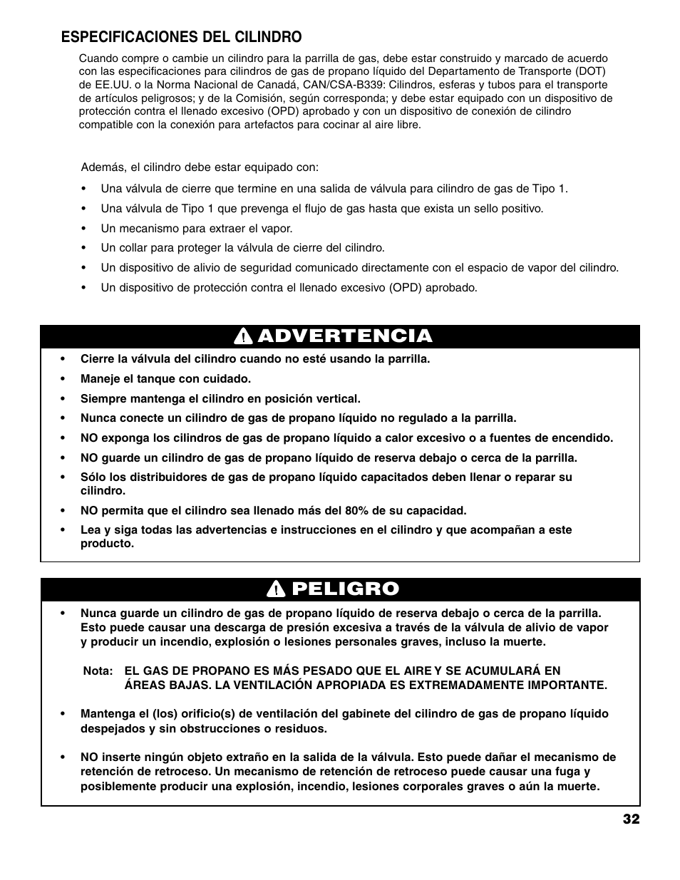 Advertencia peligro, Especificaciones del cilindro | Brinkmann 7741 Series User Manual | Page 33 / 56