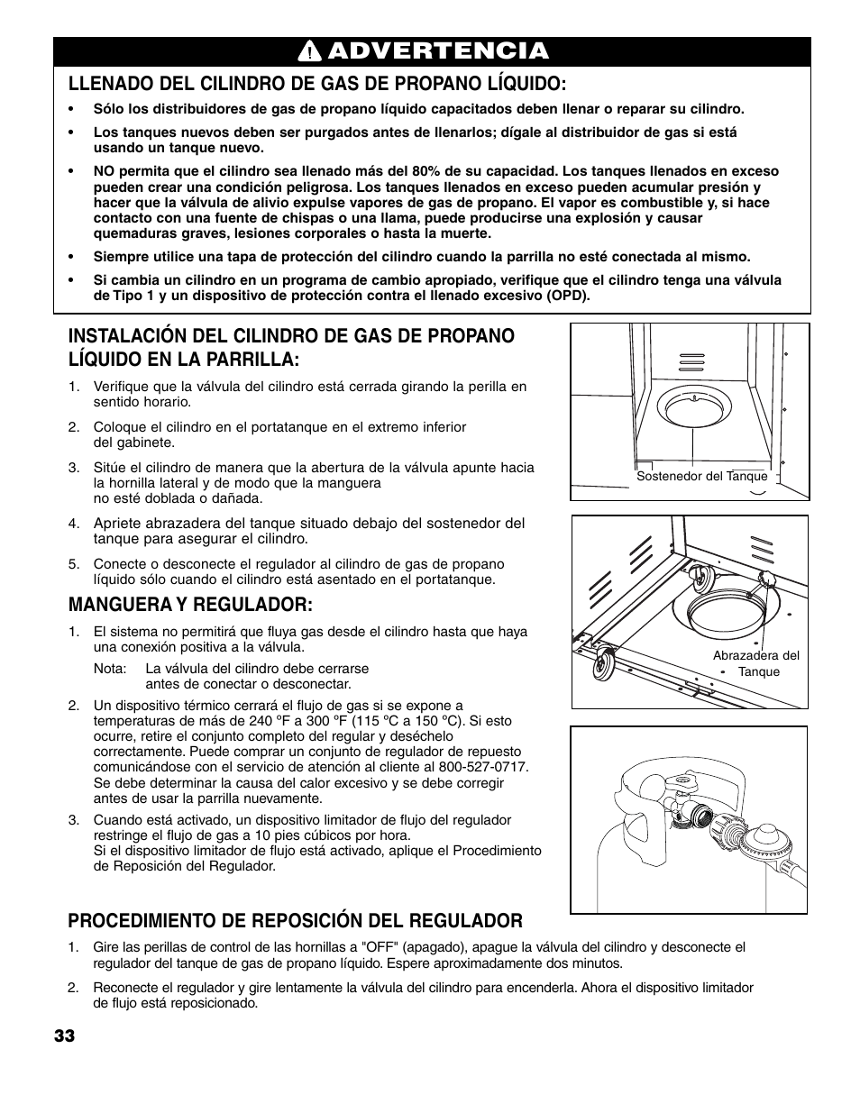 Advertencia, Llenado del cilindro de gas de propano líquido, Manguera y regulador | Procedimiento de reposición del regulador | Brinkmann 7741 Series User Manual | Page 34 / 56