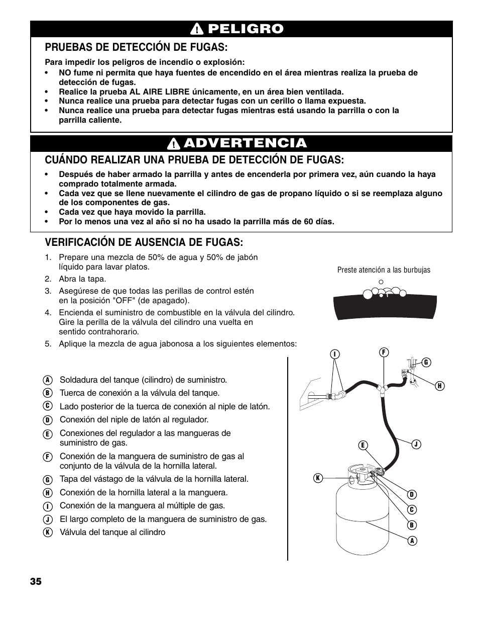 Advertencia peligro, Pruebas de detección de fugas, Cuándo realizar una prueba de detección de fugas | Verificación de ausencia de fugas | Brinkmann 7741 Series User Manual | Page 36 / 56