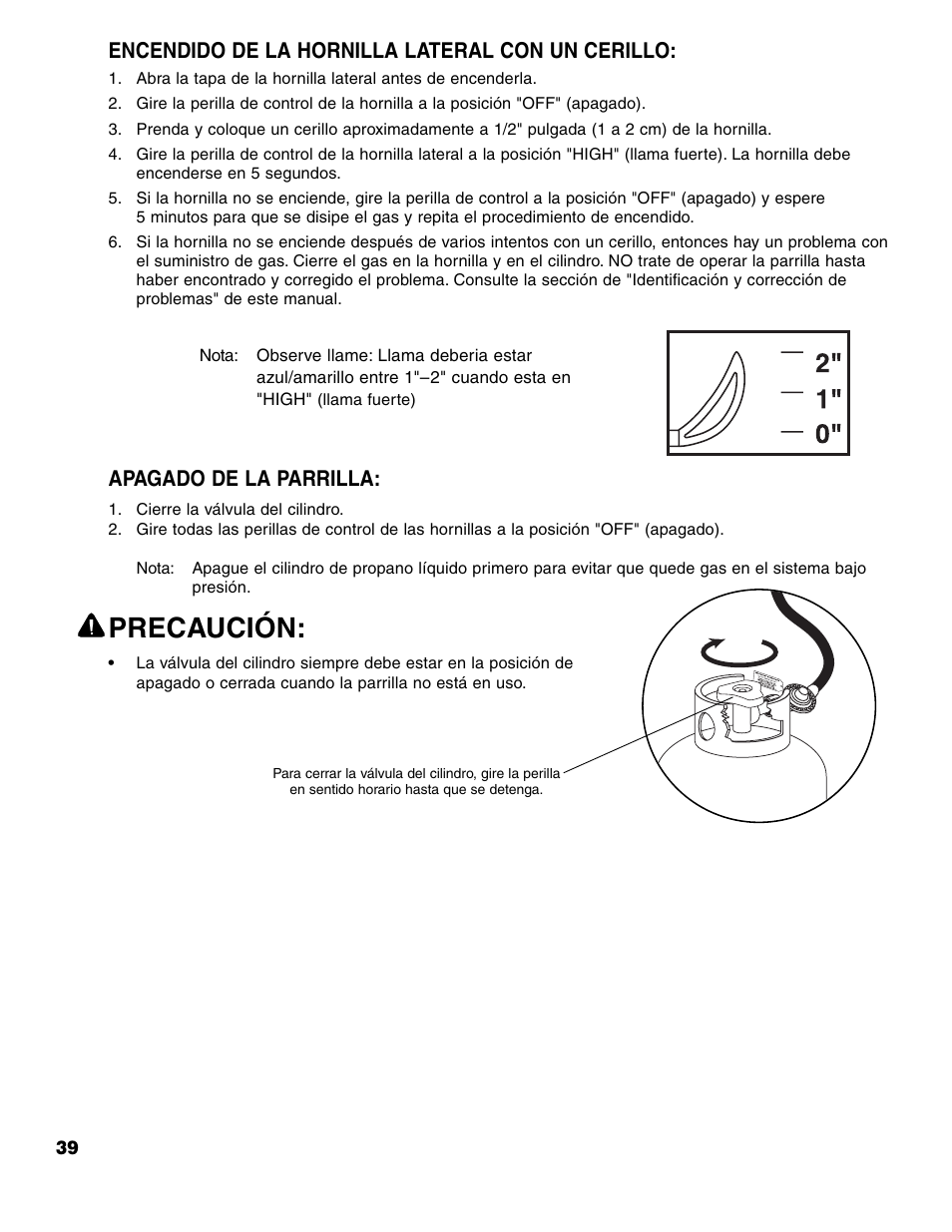 Precaución, Encendido de la hornilla lateral con un cerillo, Apagado de la parrilla | Brinkmann 7741 Series User Manual | Page 40 / 56