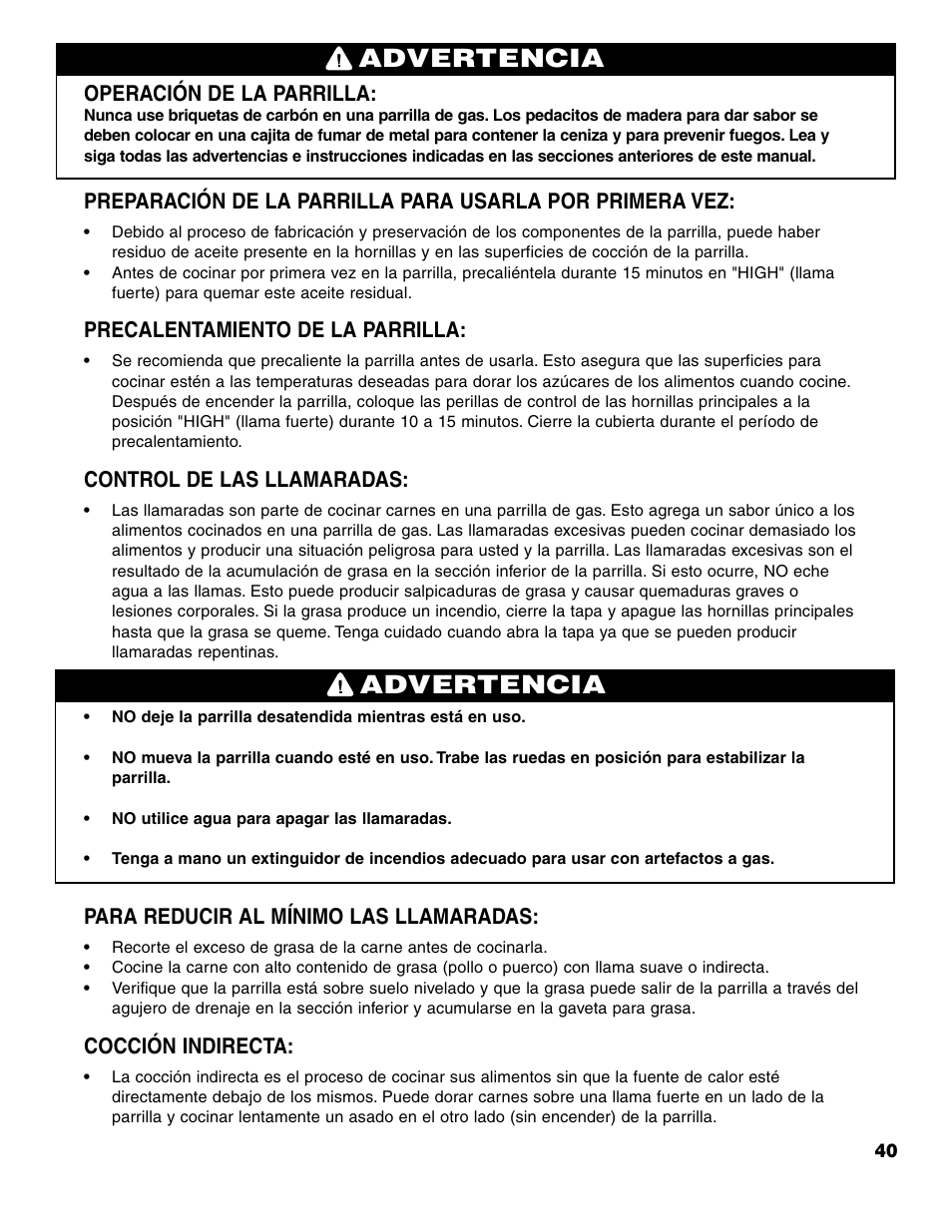 Advertencia, Operación de la parrilla, Precalentamiento de la parrilla | Control de las llamaradas, Para reducir al mínimo las llamaradas, Cocción indirecta | Brinkmann 7741 Series User Manual | Page 41 / 56