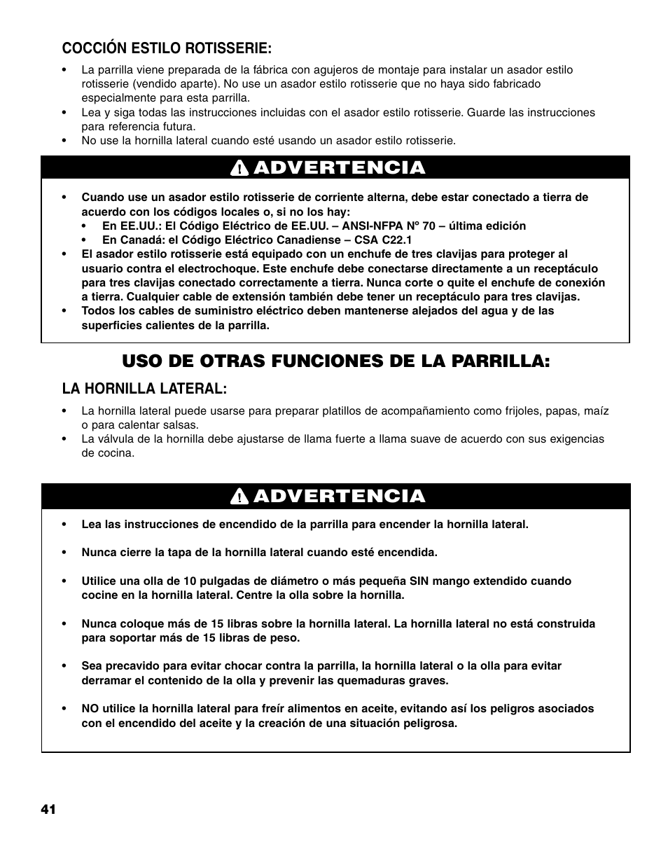 Advertencia, Uso de otras funciones de la parrilla, Cocción estilo rotisserie | La hornilla lateral | Brinkmann 7741 Series User Manual | Page 42 / 56