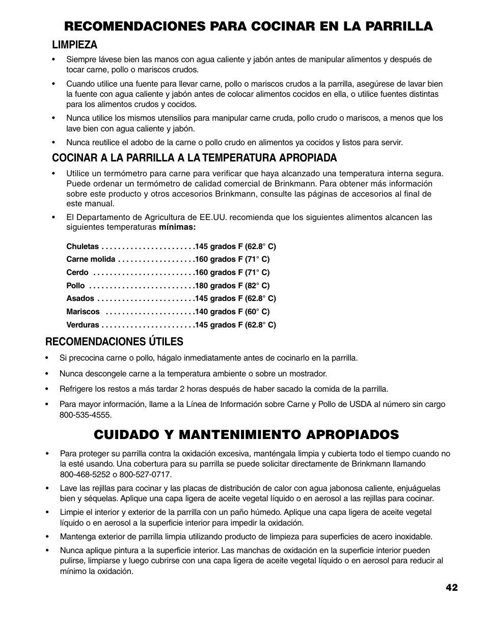 Recomendaciones para cocinar en la parrilla, Cuidado y mantenimiento apropiados, Limpieza | Cocinar a la parrilla a la temperatura apropiada, Recomendaciones útiles | Brinkmann 7741 Series User Manual | Page 43 / 56