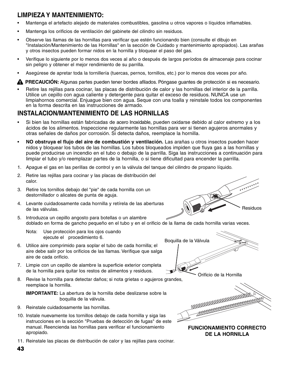 Instalación/mantenimiento de las hornillas, Limpieza y mantenimiento | Brinkmann 7741 Series User Manual | Page 44 / 56