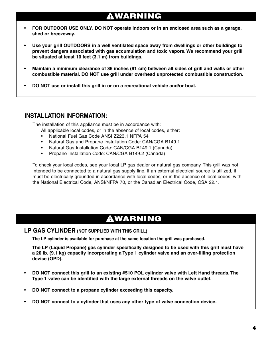 Warning, Lp gas cylinder, Installation information | Brinkmann 7741 Series User Manual | Page 5 / 56