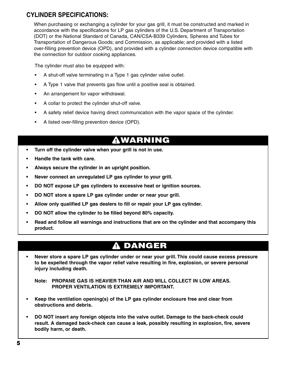 Warning danger, Cylinder specifications | Brinkmann 7741 Series User Manual | Page 6 / 56