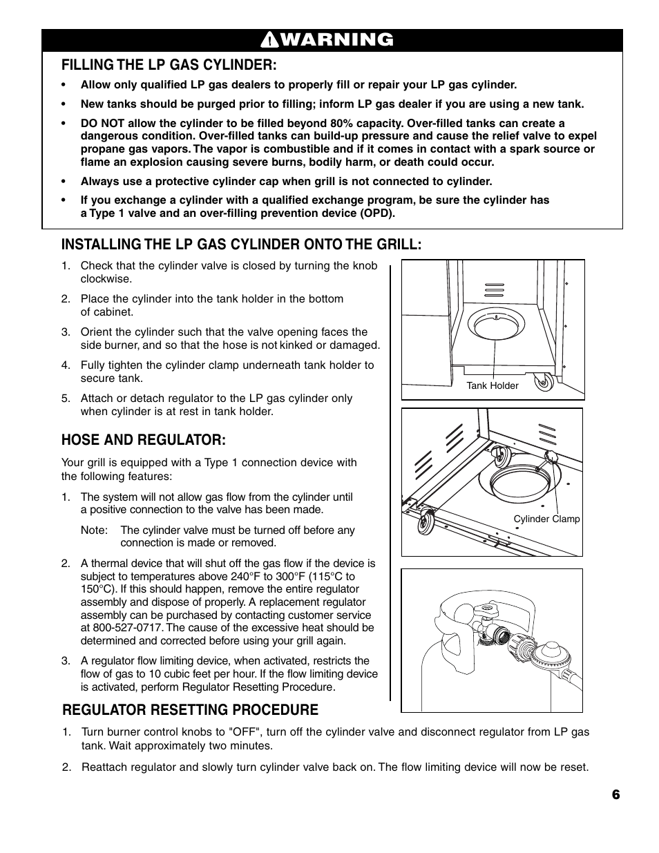 Warning, Filling the lp gas cylinder, Installing the lp gas cylinder onto the grill | Hose and regulator, Regulator resetting procedure | Brinkmann 7741 Series User Manual | Page 7 / 56
