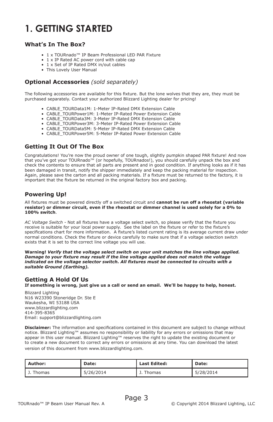 Getting started, Page 3, What’s in the box | Optional accessories (sold separately), Getting it out of the box, Powering up, Getting a hold of us | Blizzard Lighting TOURnado IP Beam User Manual | Page 3 / 20