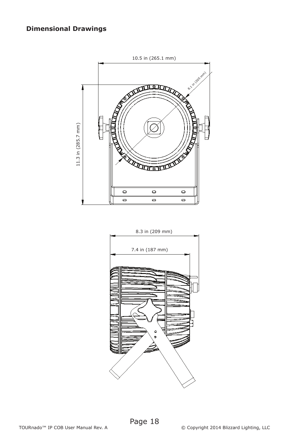 Page 18, Dimensional drawings | Blizzard Lighting TOURnado IP COB (Rev A) User Manual | Page 18 / 20