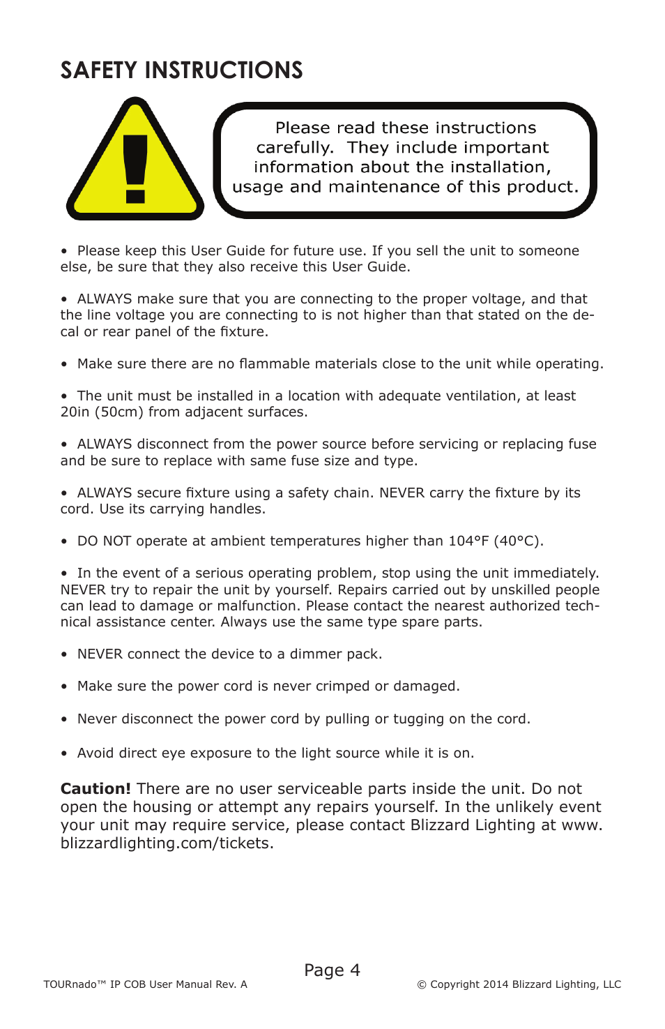 Safety instructions, Page 4 | Blizzard Lighting TOURnado IP COB (Rev A) User Manual | Page 4 / 20