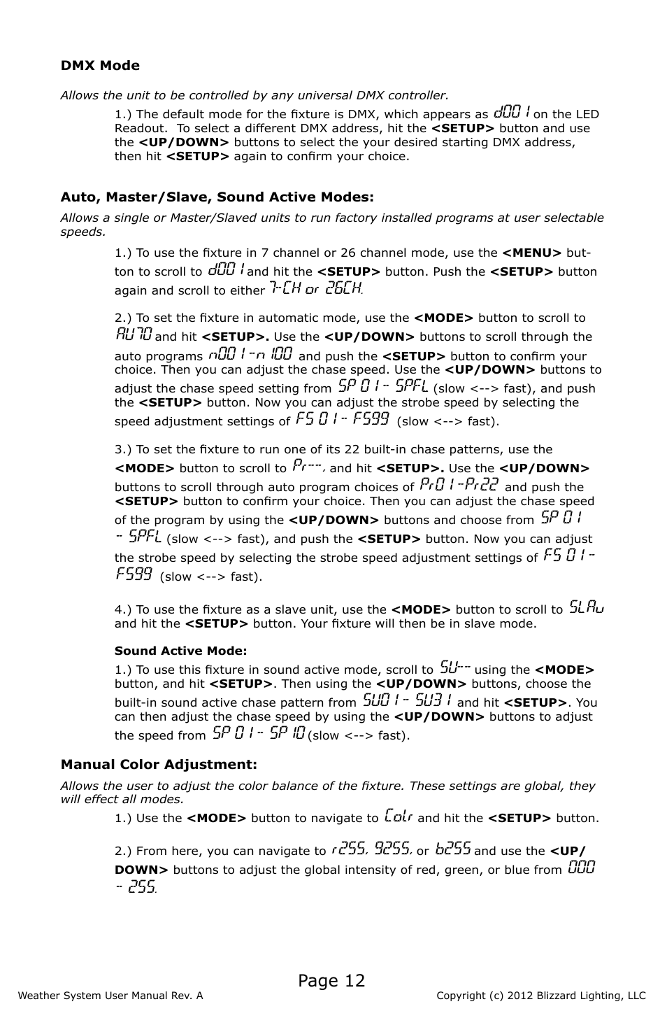 Page 12, D001, Ch or 26ch | Au7o, Sp 01 - spfl, Pr01 -pr22, Slau, Su01 - su31, Sp 01 - sp10, Colr | Blizzard Lighting Weather System (Rev A) User Manual | Page 12 / 20