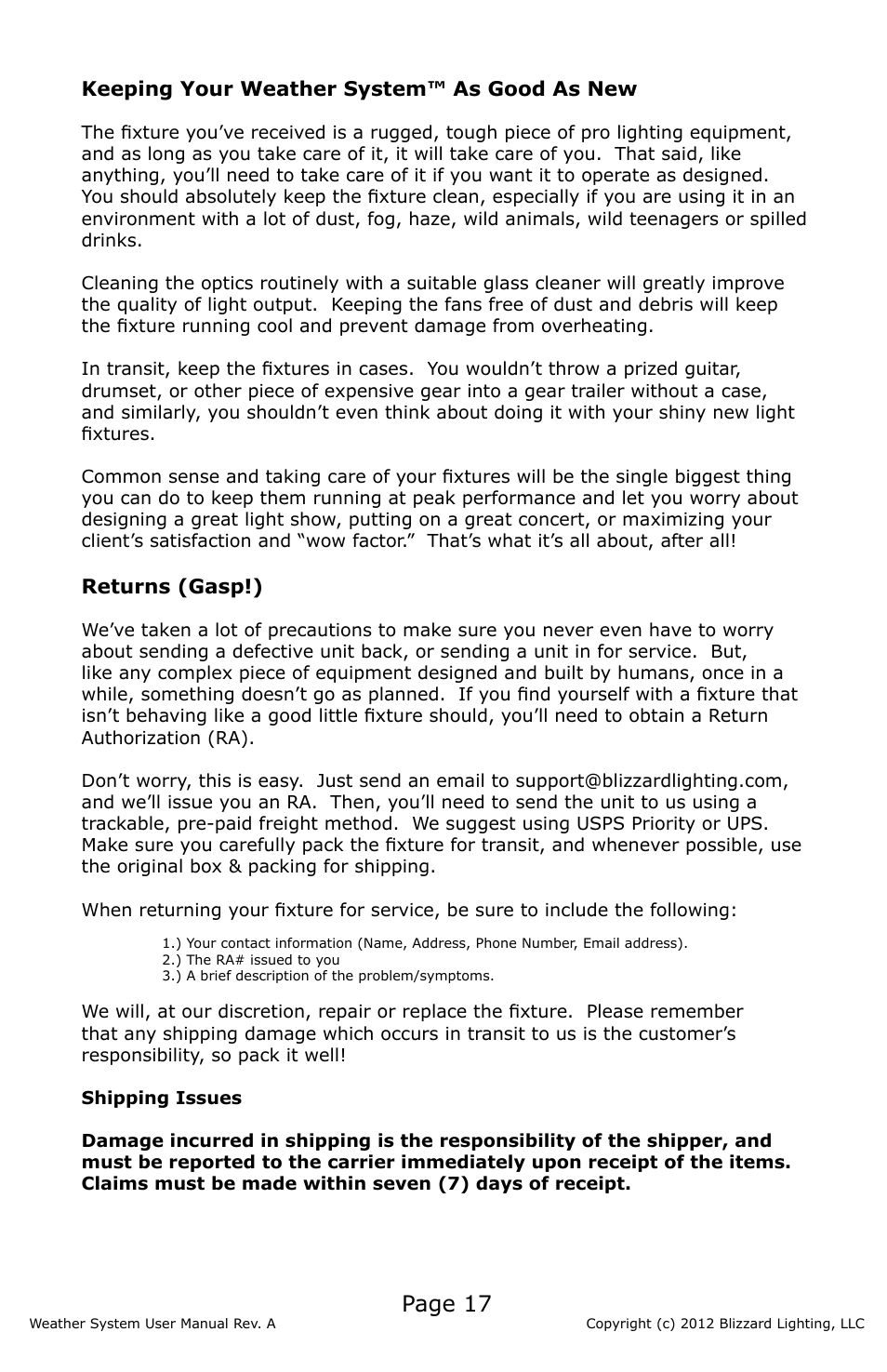 Page 17 | Blizzard Lighting Weather System (Rev A) User Manual | Page 17 / 20