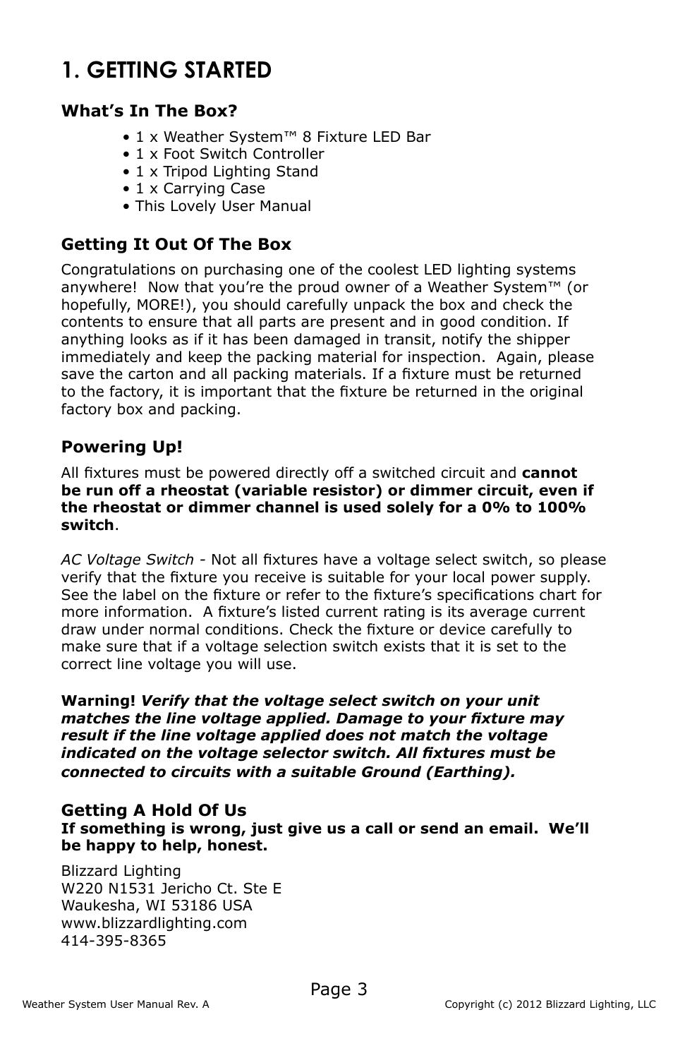 Getting started, Page 3 | Blizzard Lighting Weather System (Rev A) User Manual | Page 3 / 20