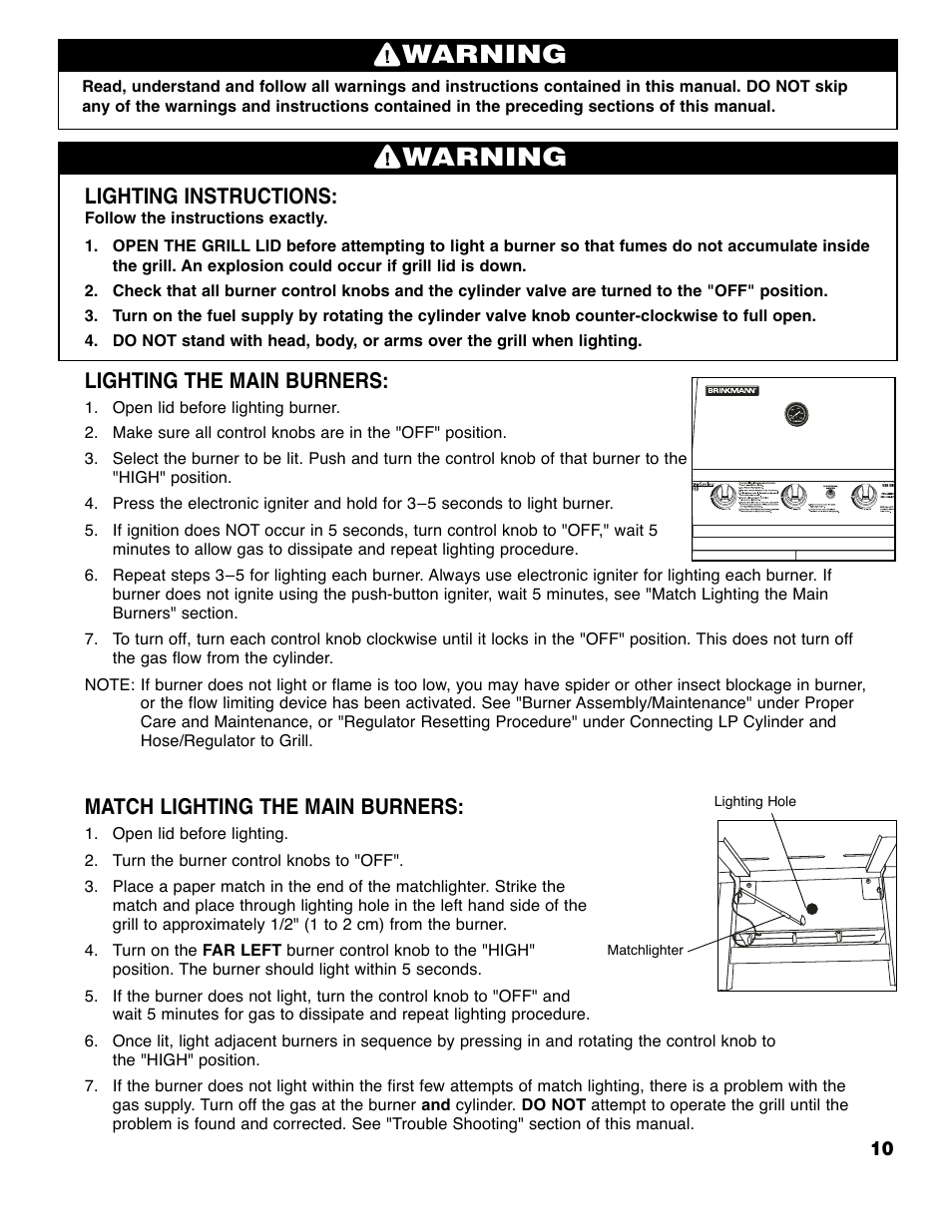 Warning, Lighting instructions, Lighting the main burners | Match lighting the main burners | Brinkmann ProSeries 2310 User Manual | Page 11 / 36