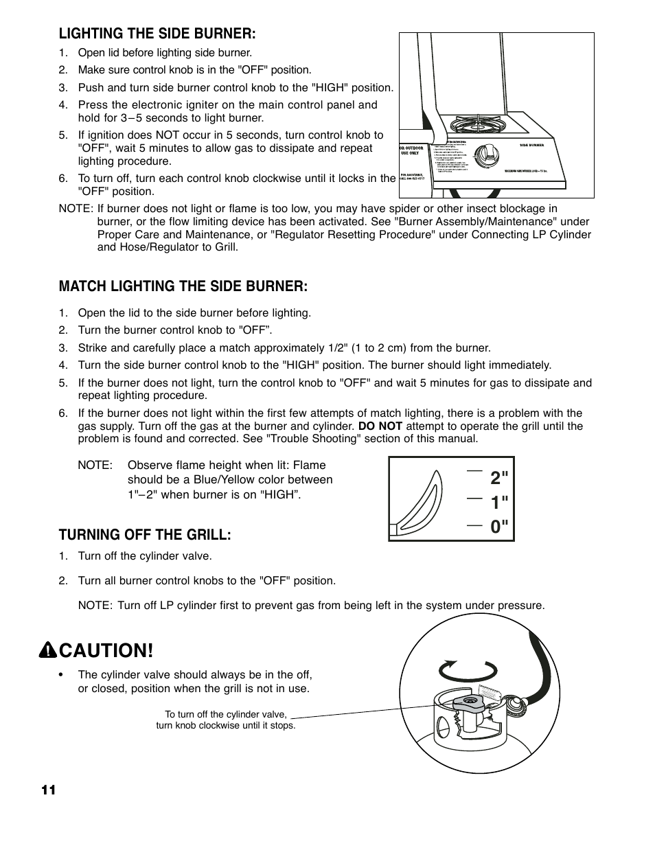Caution, Lighting the side burner, Match lighting the side burner | Turning off the grill | Brinkmann ProSeries 2310 User Manual | Page 12 / 36