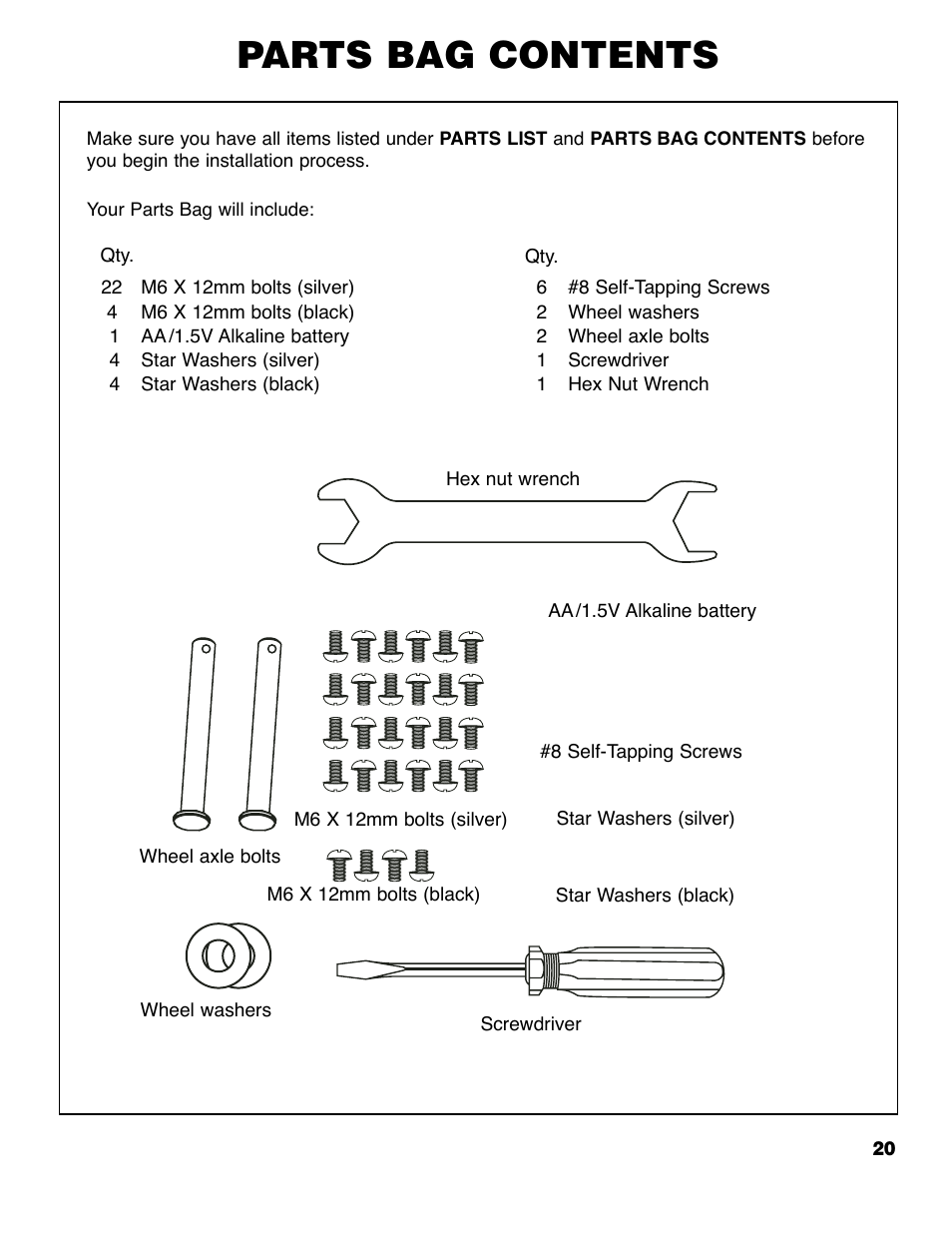 Parts bag contents | Brinkmann ProSeries 2310 User Manual | Page 21 / 36