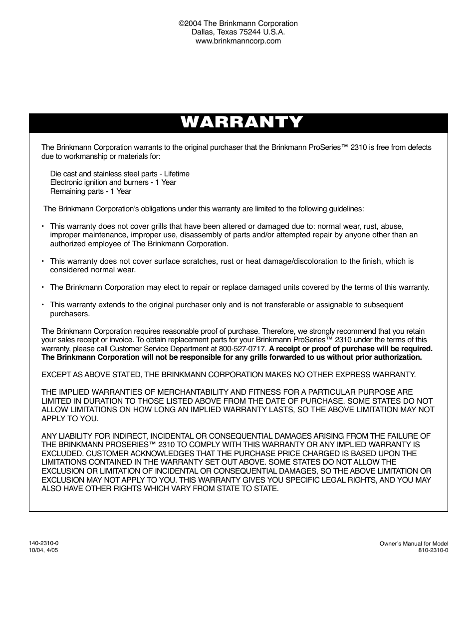 Warranty | Brinkmann ProSeries 2310 User Manual | Page 36 / 36