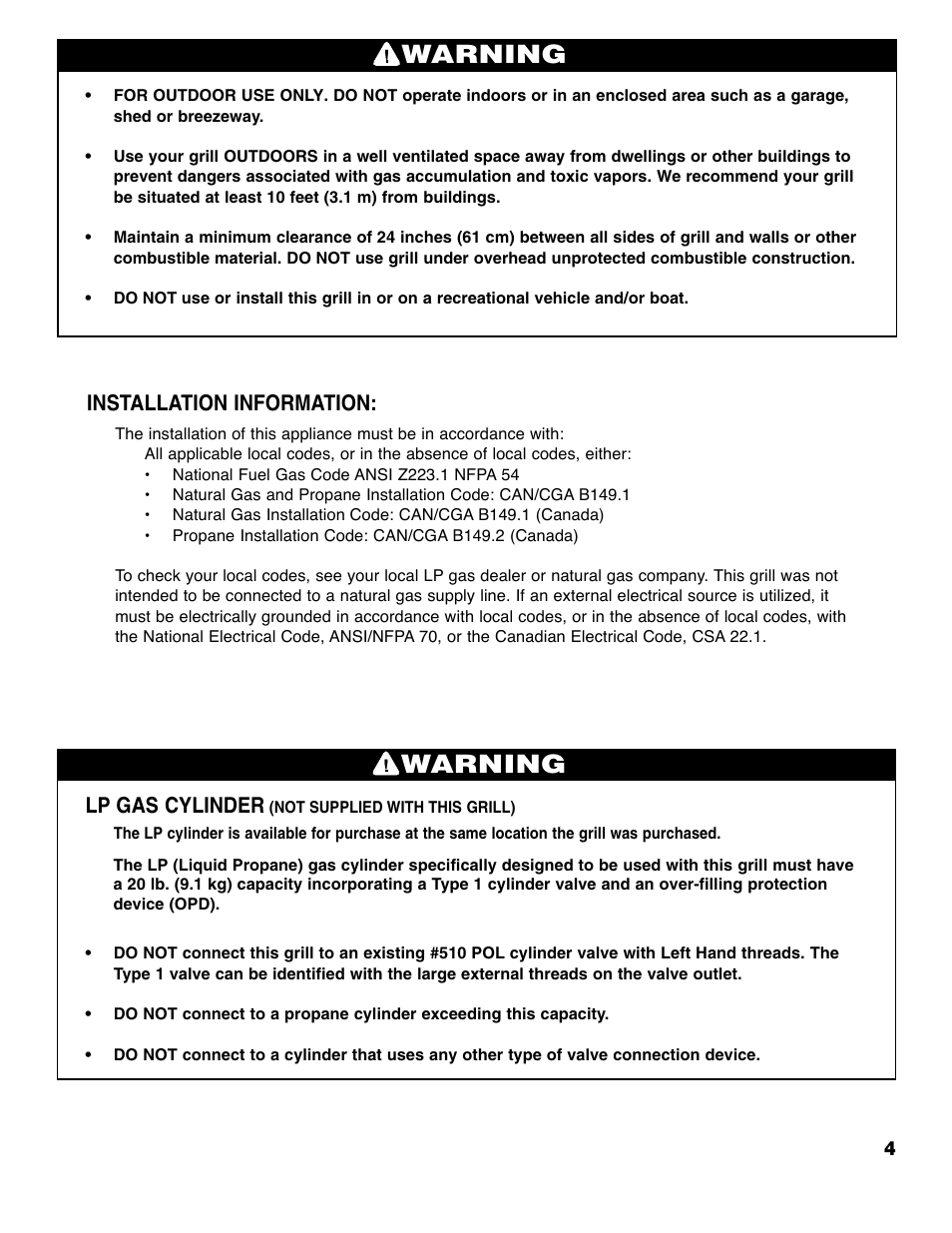 Warning, Lp gas cylinder, Installation information | Brinkmann ProSeries 2310 User Manual | Page 5 / 36