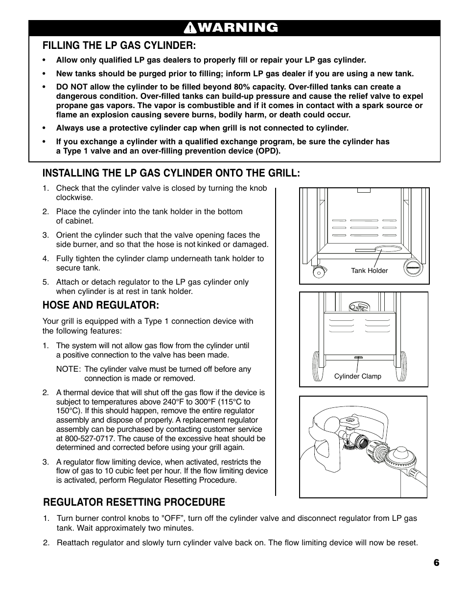 Warning, Filling the lp gas cylinder, Installing the lp gas cylinder onto the grill | Hose and regulator, Regulator resetting procedure | Brinkmann ProSeries 2310 User Manual | Page 7 / 36
