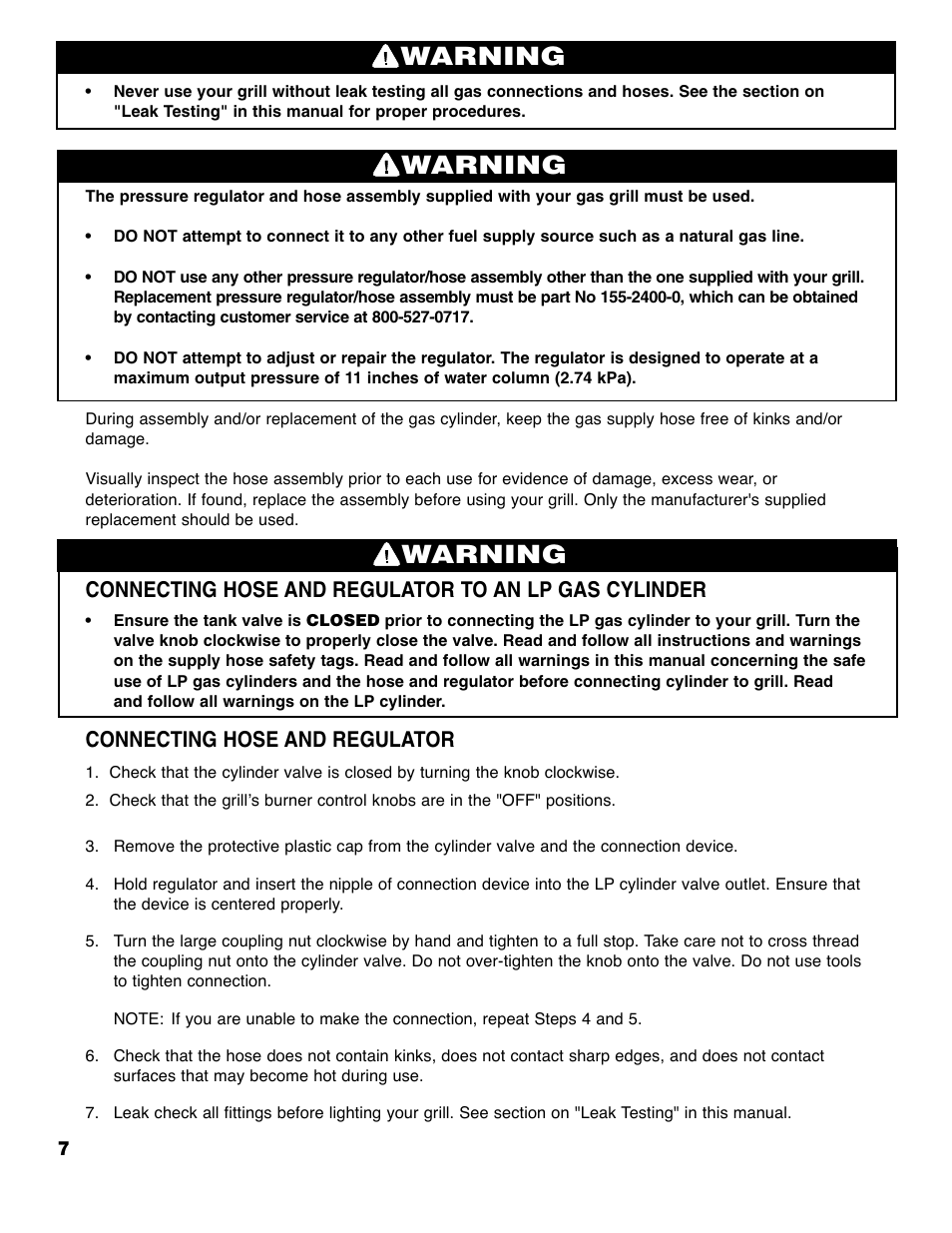 Warning, Connecting hose and regulator | Brinkmann ProSeries 2310 User Manual | Page 8 / 36