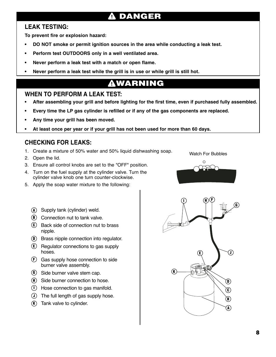 Warning, Danger, Leak testing | When to perform a leak test, Checking for leaks | Brinkmann ProSeries 2310 User Manual | Page 9 / 36