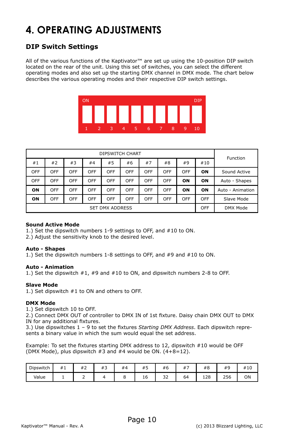 Operating adjustments, Page 10, Dip switch settings | Blizzard Lighting Kaptivator RGB 3D Laser User Manual | Page 10 / 16