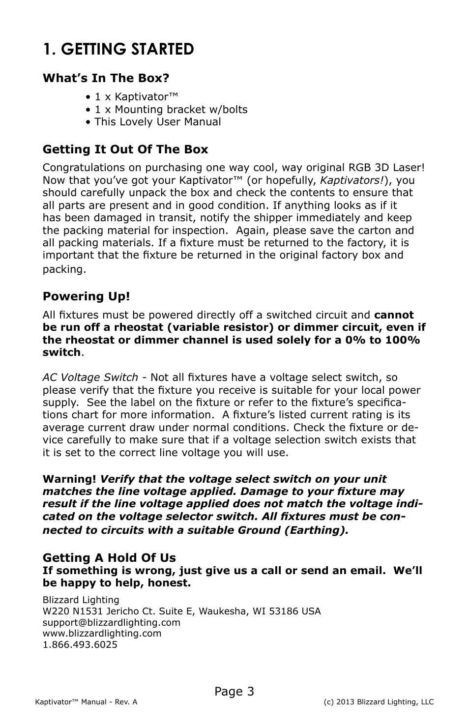 Getting started, Page 3, What’s in the box | Getting it out of the box, Powering up, Getting a hold of us | Blizzard Lighting Kaptivator RGB 3D Laser User Manual | Page 3 / 16