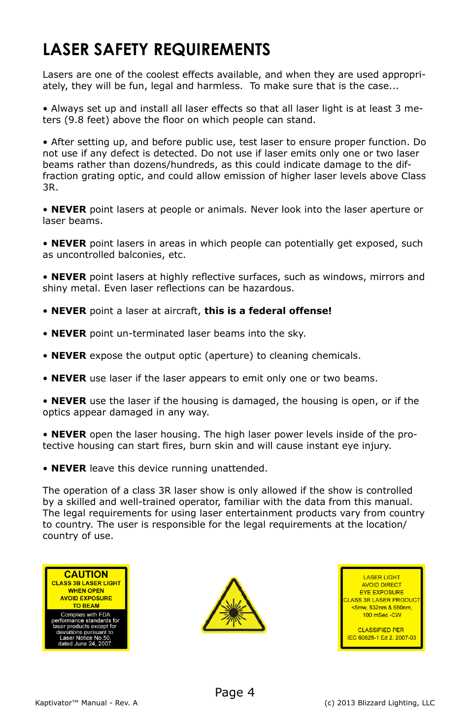 Laser safety requirements, Page 4 | Blizzard Lighting Kaptivator RGB 3D Laser User Manual | Page 4 / 16