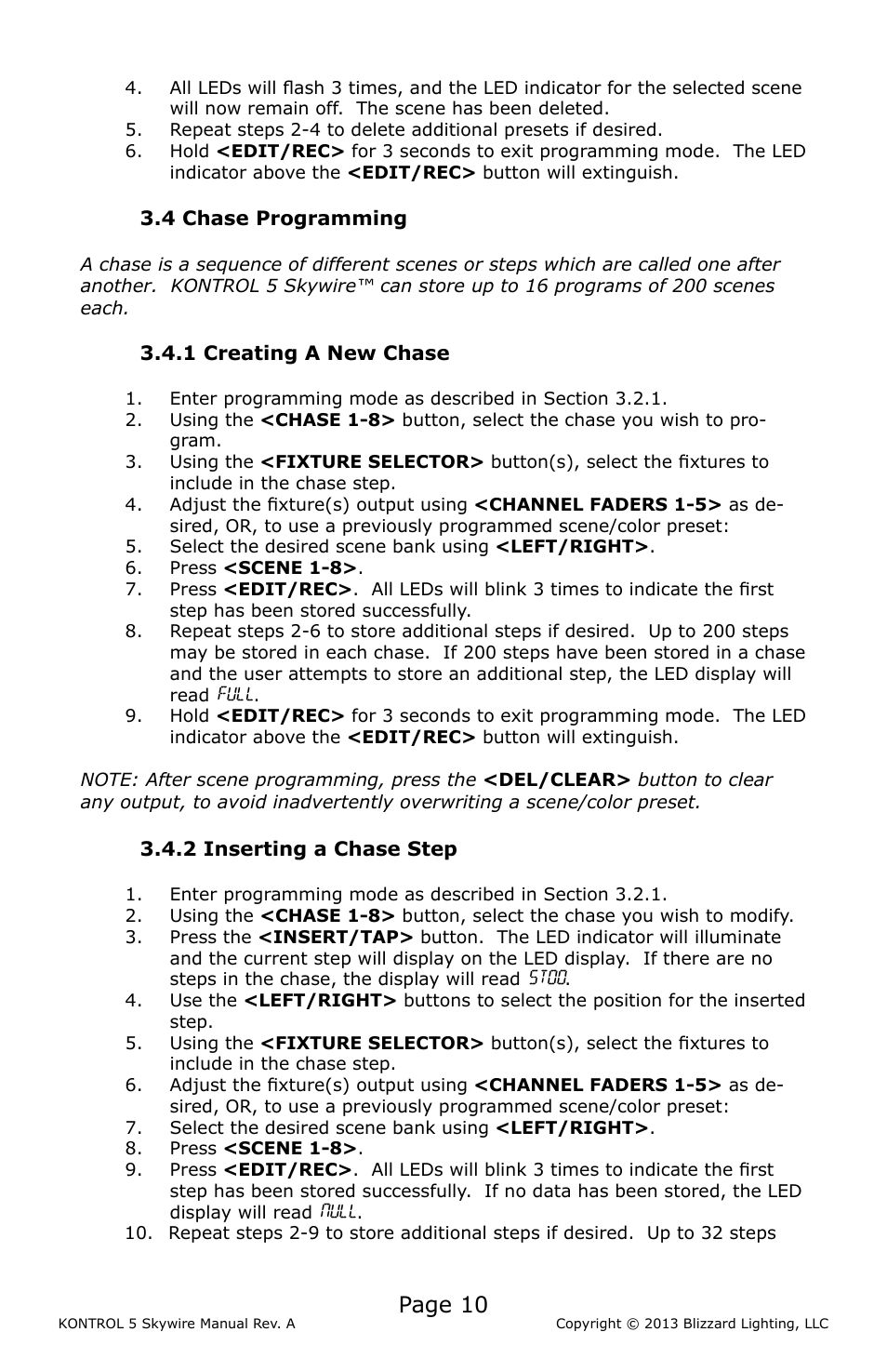 4 chase programming, 1 creating a new chase, 2 inserting a chase step | 3 deleting a chase step, Chase, Programming, Page 10 | Blizzard Lighting KONTROL 5 Skywire DMX Controller User Manual | Page 10 / 20
