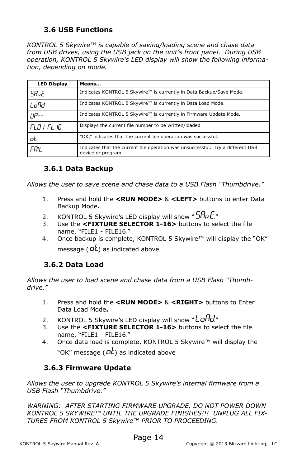 Save, Load, Page 14 | Blizzard Lighting KONTROL 5 Skywire DMX Controller User Manual | Page 14 / 20