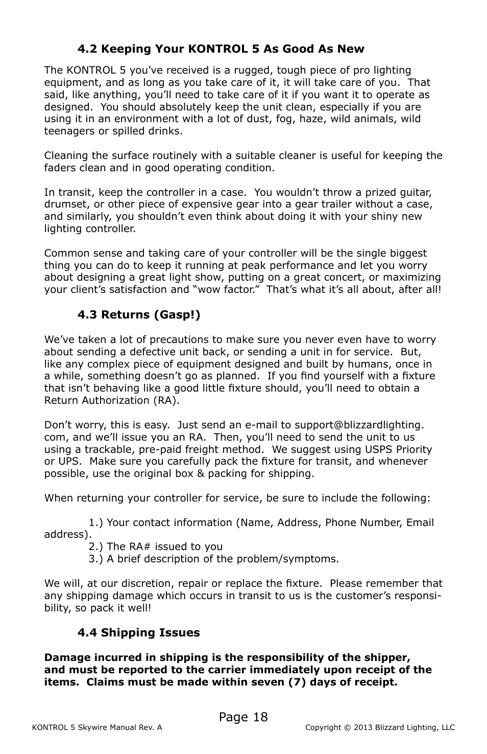 5 tech specs, Tech, Specs | Page 18 | Blizzard Lighting KONTROL 5 Skywire DMX Controller User Manual | Page 18 / 20