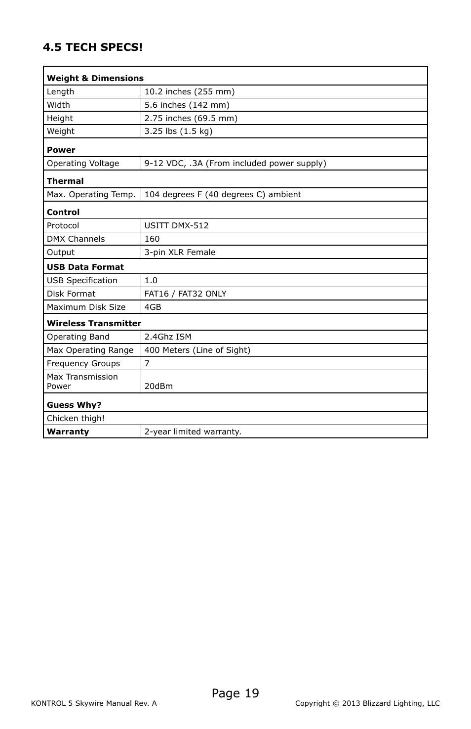 Page 19, 5 tech specs | Blizzard Lighting KONTROL 5 Skywire DMX Controller User Manual | Page 19 / 20