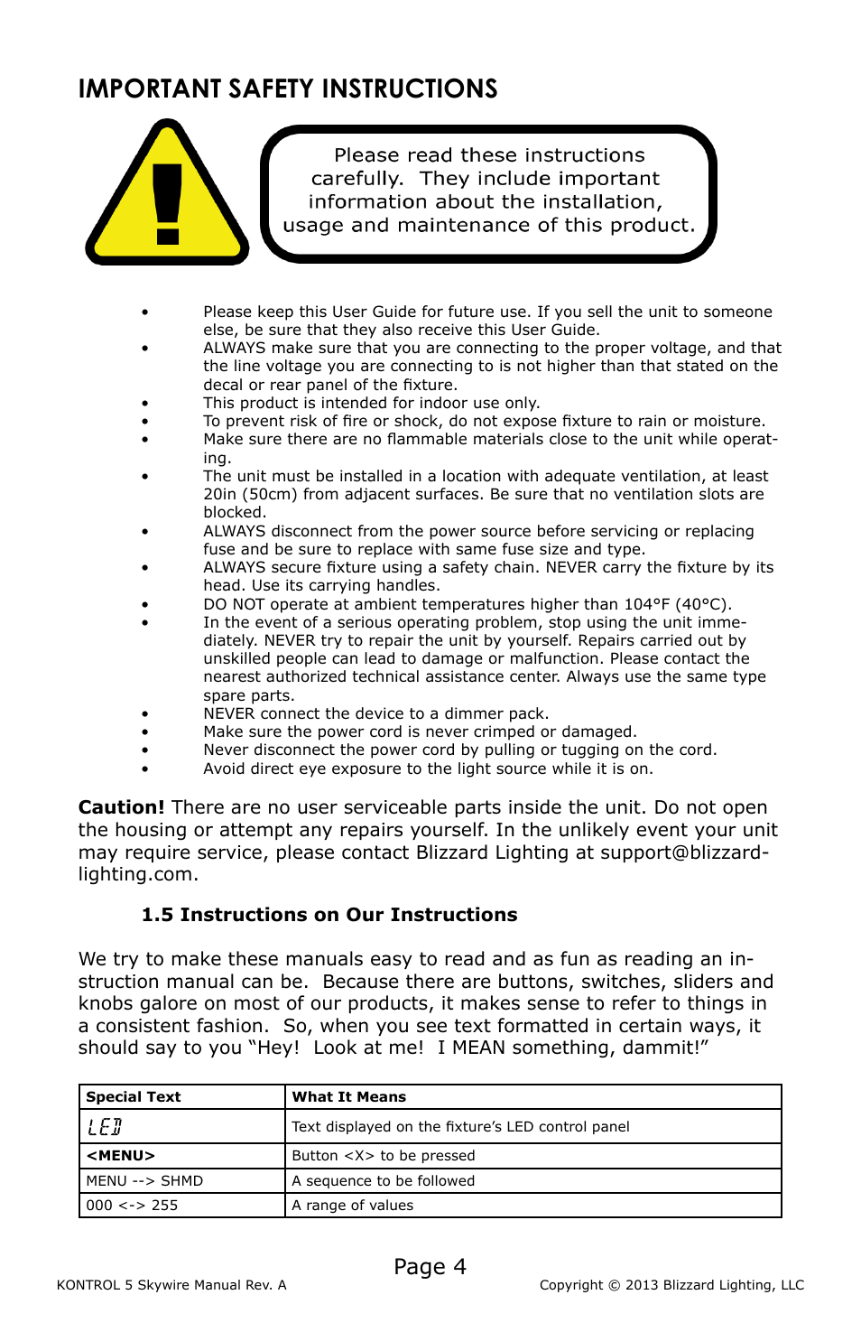 Important safety instructions, 5 instructions on our instructions, Page 4 | Blizzard Lighting KONTROL 5 Skywire DMX Controller User Manual | Page 4 / 20