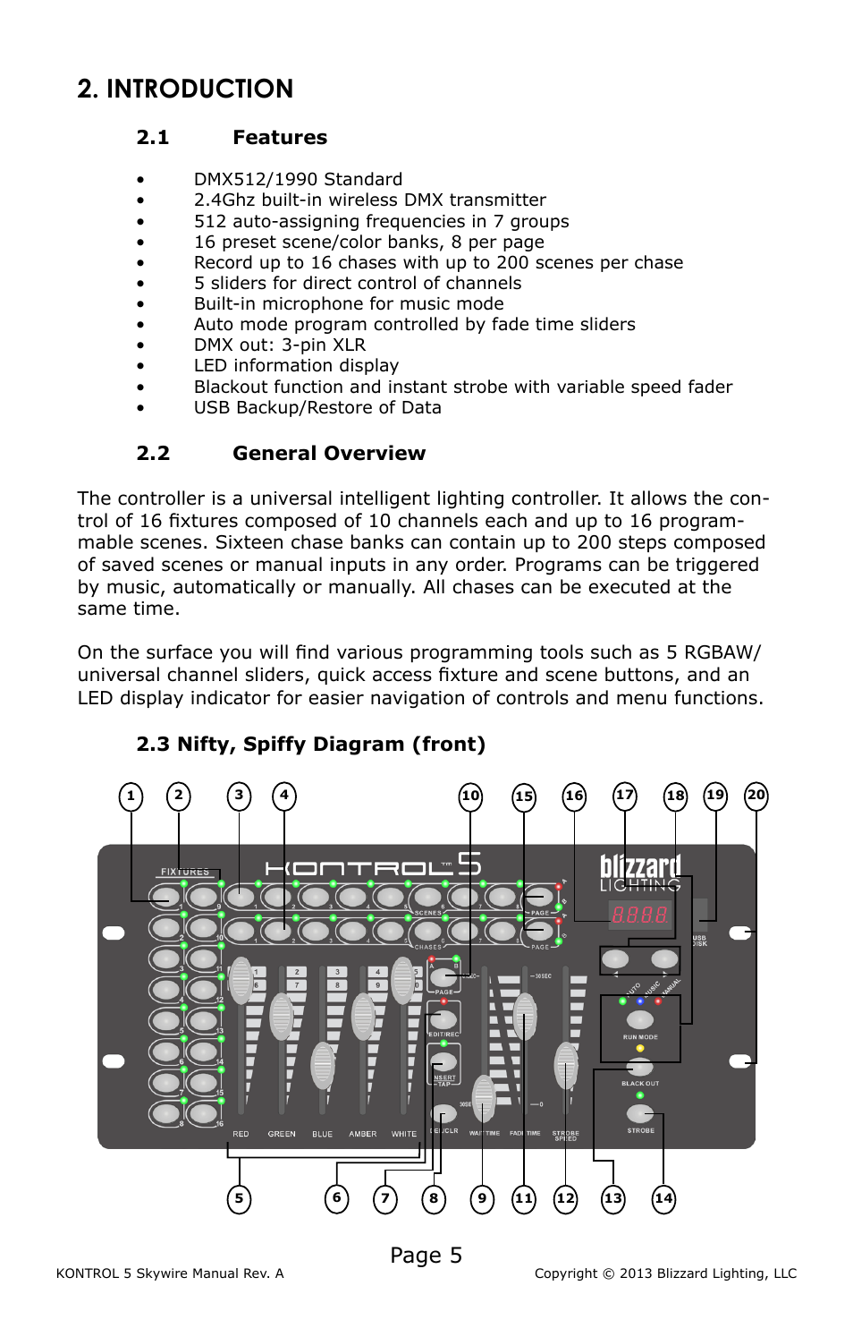 Introduction, 1 features, 2 general overview | 3 nifty, spiffy diagram (front), Features, General, Overview, Nifty, spiffy diagram (front), Page 5 | Blizzard Lighting KONTROL 5 Skywire DMX Controller User Manual | Page 5 / 20