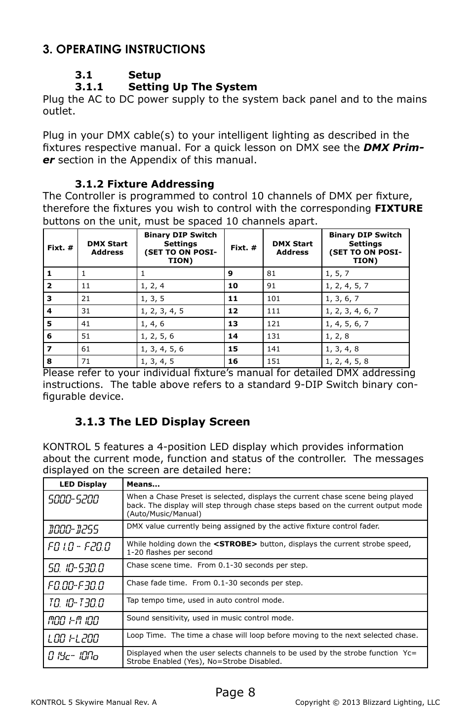 Operating instructions, 1 setup, 1 setting up the system | 2 fixture addressing, 3 the led display screen, Setup, Fixture, Addressing, Page 8, 01yc-10no | Blizzard Lighting KONTROL 5 Skywire DMX Controller User Manual | Page 8 / 20