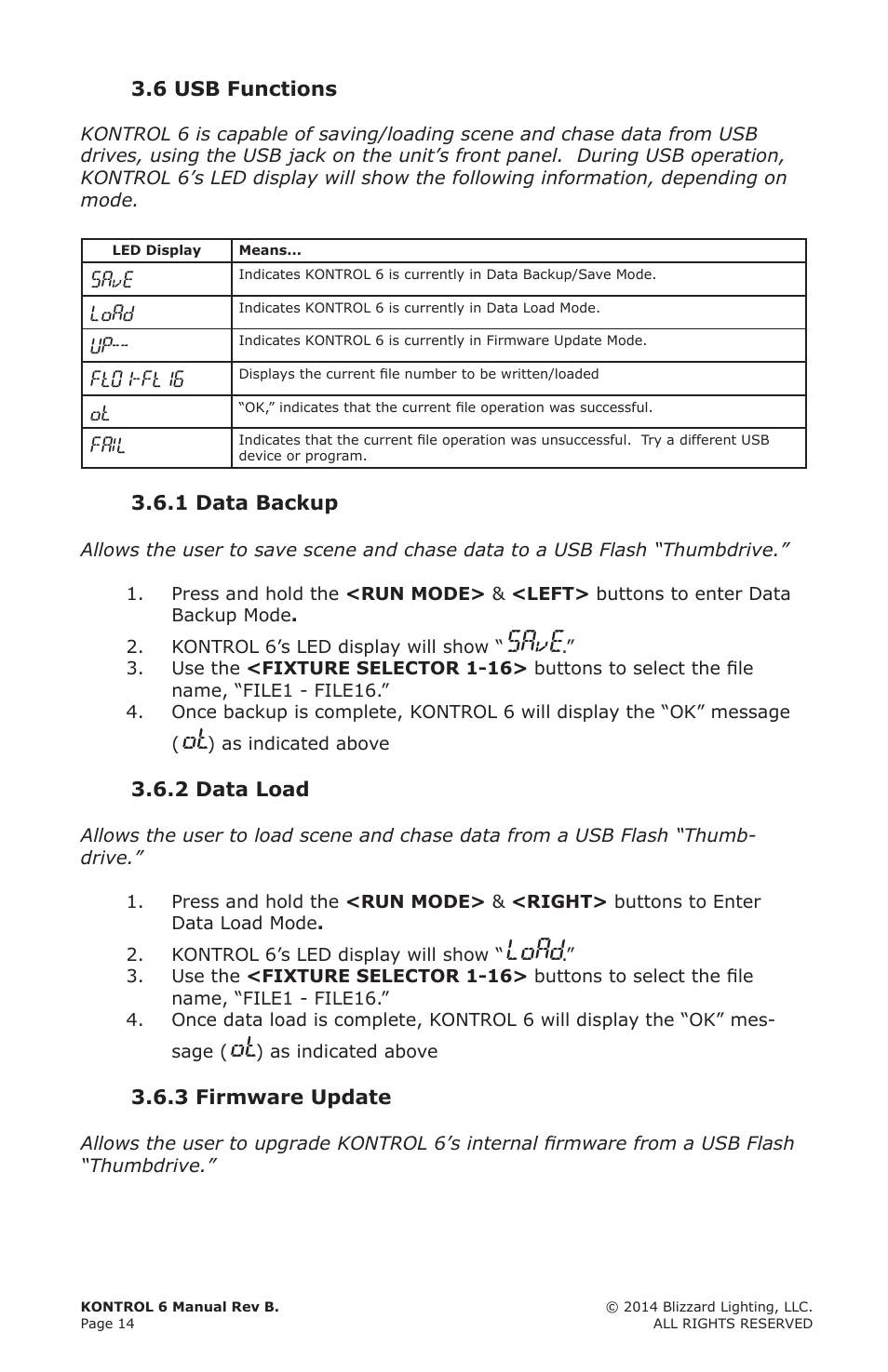 Save, Load | Blizzard Lighting Kontrol 6(Rev. A) User Manual | Page 14 / 20