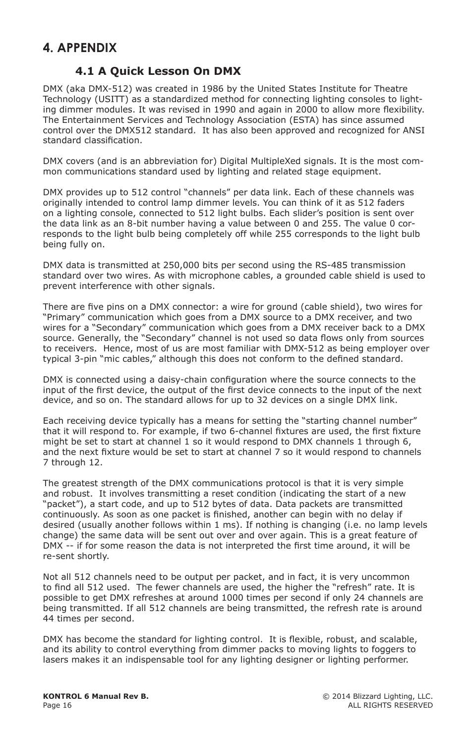 Appendix, 1 a quick lesson on dmx | Blizzard Lighting Kontrol 6(Rev. A) User Manual | Page 16 / 20