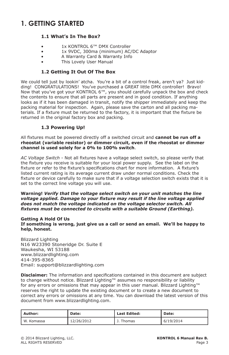Getting started | Blizzard Lighting Kontrol 6(Rev. A) User Manual | Page 3 / 20